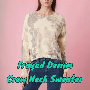 Frayed Denim Gwen Printed Distressed-Hem Crewneck Sweater